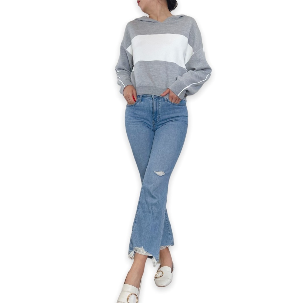 Alice + Olivia Gray and White Hooded Stripe Sweater - Picture 10 of 16